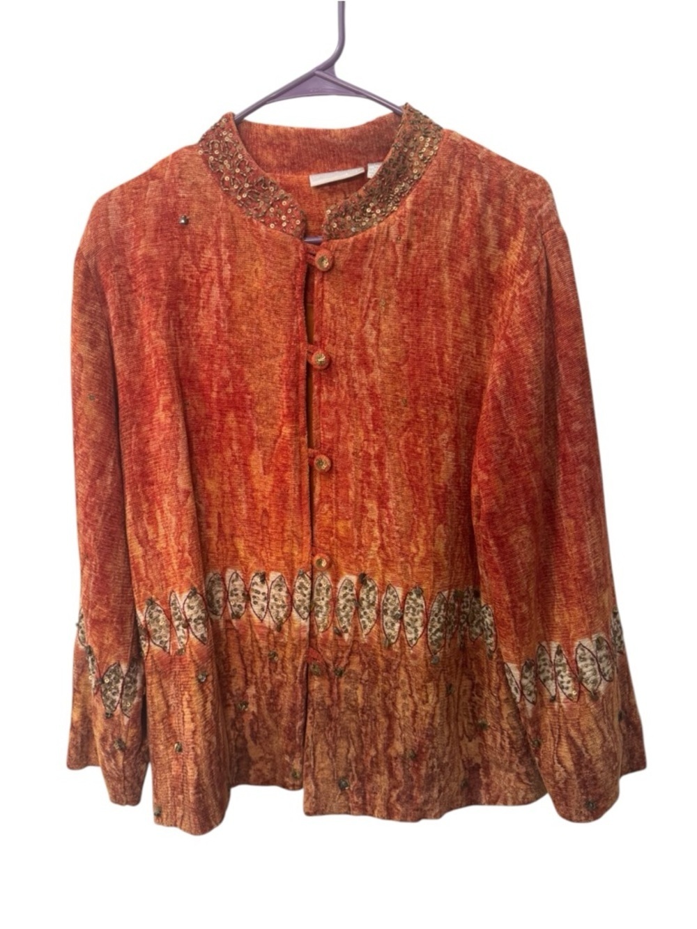 Soft Surroundings beaded orange crushed velvet jacket size M